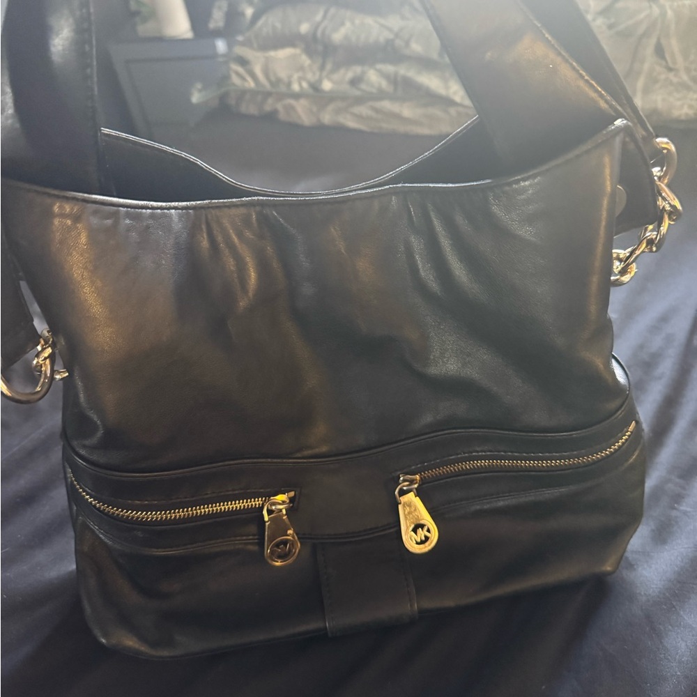 Michael Kors Black Leather Shoulder Bag with Gold Accents